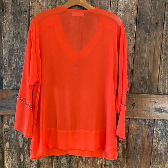 Anthropologie Harper S Sheer Orange Cowboy Western Beaded Flared Sleeve Tunic - Picture 3 of 10